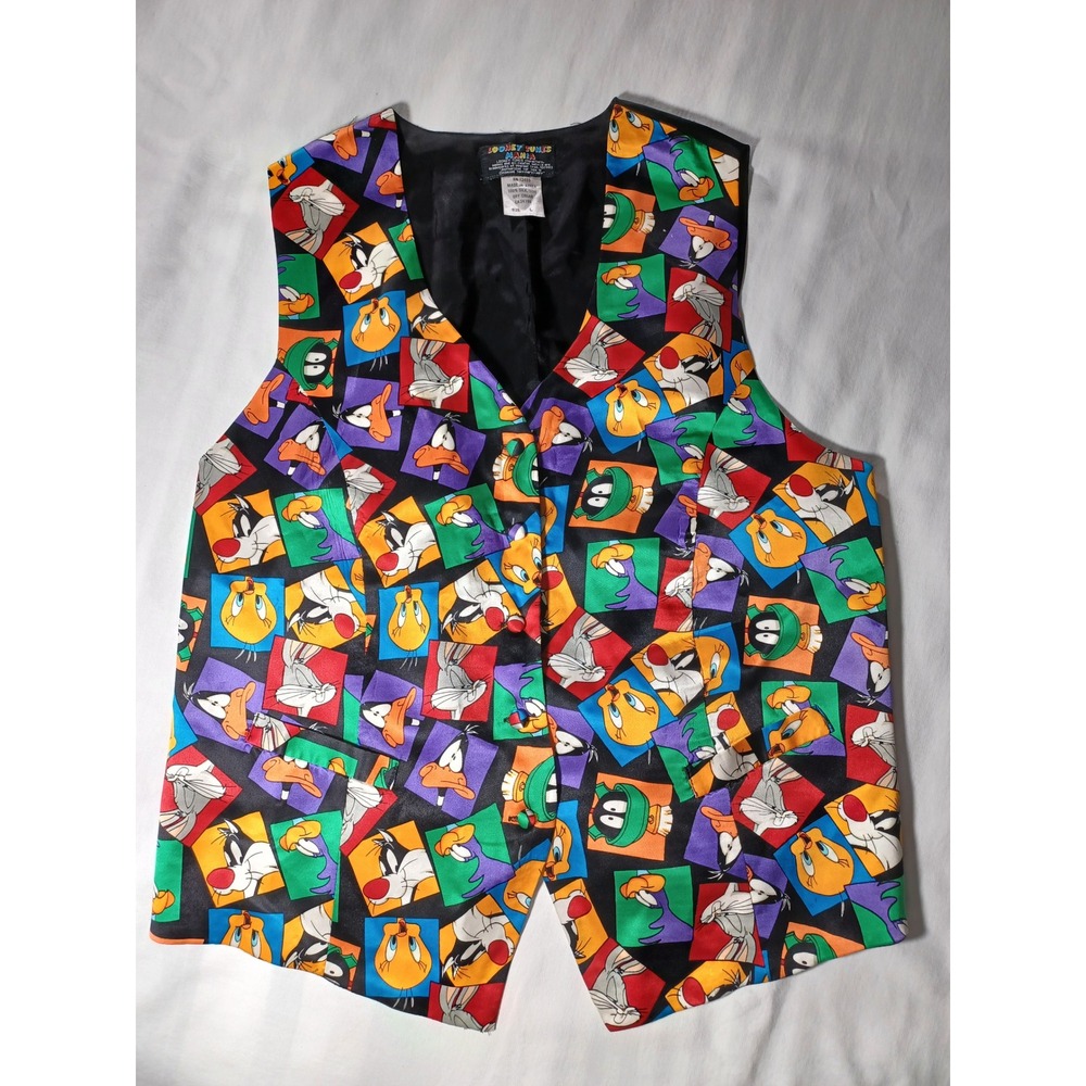 Vintage Looney Tunes Mania Silk Vest Cartoon Character Print Mens Large